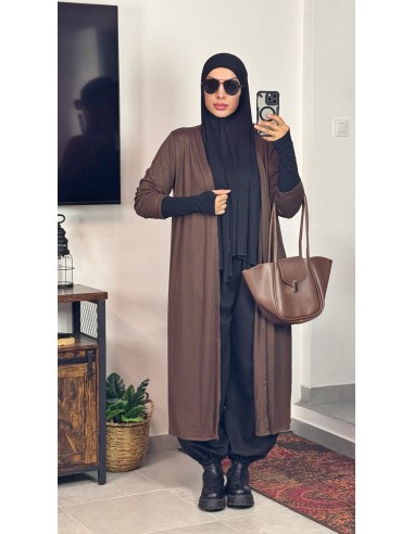 Gilet long maille fine Marron