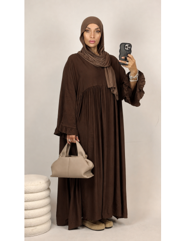 Robe Longue Marron Femme | Manches Volantées – Mode & Mastour