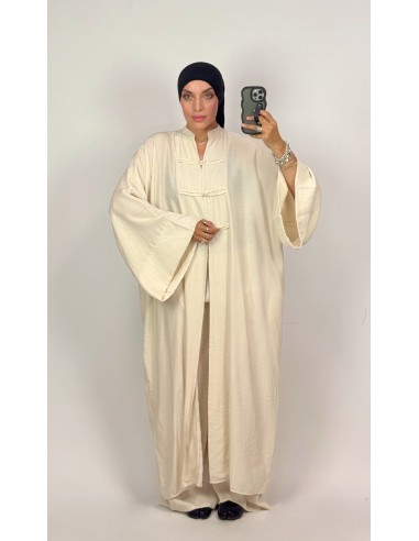 Ensemble Écru Style Kimono Femme | Veste Longue & Pantalon Fluide – Mode & Mastour