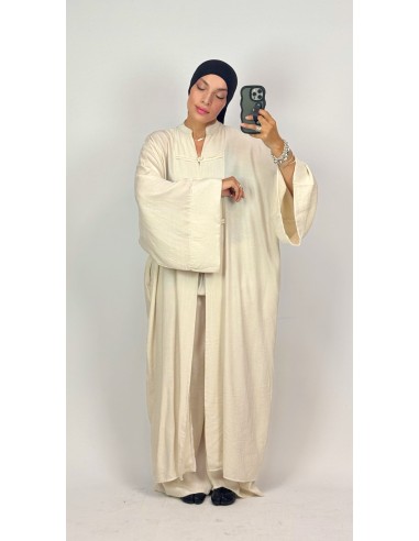 Ensemble Écru Style Kimono Femme | Veste Longue & Pantalon Fluide – Mode & Mastour