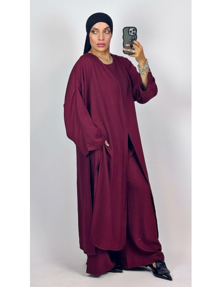 Ensemble Ample Bordeaux Femme | Tunique Longue & Pantalon Fluide – Mode & Mastour