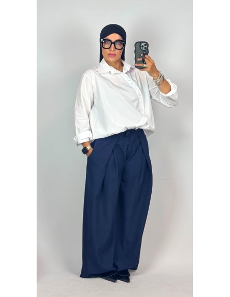 Pantalon Large Bleu Marine Femme à Poches | Taille Haute – Mode & Mastour