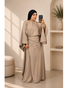 Robe Longue Brodée Taupe Femme | Robe Élégante à Nouer – Mode & Mastour