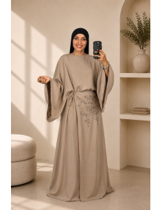 Robe Longue Brodée Taupe Femme | Robe Élégante à Nouer – Mode & Mastour 2