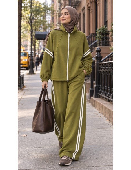 Ensemble jogging femme oversize kaki à bandes | ModeetMastour