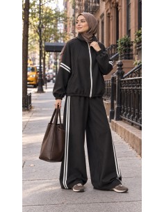 Ensemble jogging femme oversize Noir à bandes | ModeetMastour