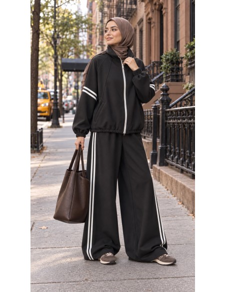 Ensemble jogging femme oversize Noir à bandes | ModeetMastour