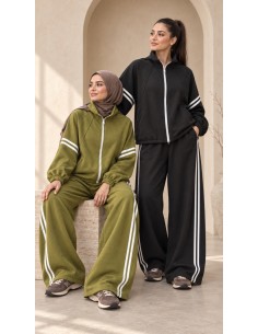 Ensemble jogging femme oversize Noir à bandes | ModeetMastour 2