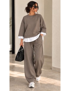 Ensemble Oversize Femme Taupe & Blanc – Pantalon Large | ModeetMastour