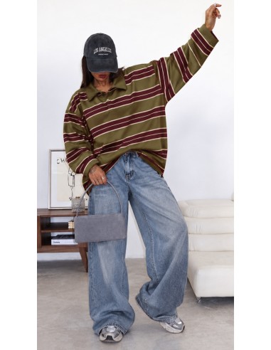 Polo Oversize Femme Rayé Vert & Bordeaux | ModeetMastour