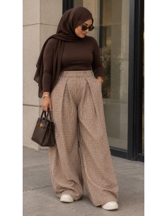 Pantalon Palazzo Femme à Carreaux Marron | ModeetMastour
