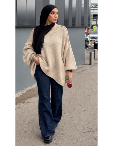 Pull Oversize Femme Grosse Maille Beige| ModeetMastour