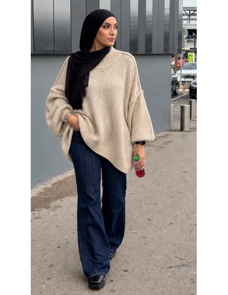 Pull Oversize Femme Grosse Maille Beige| ModeetMastour