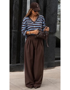Top Maille Fine Rayé Chocolat Bleu Ciel Femme | ModeetMastour