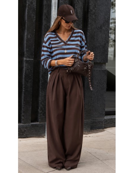 Top Maille Fine Rayé Chocolat Bleu Ciel Femme | ModeetMastour